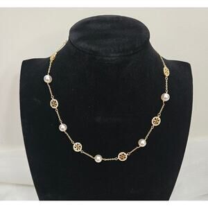 NEW Tory Burch Miller Pave Crystal Pearl Logo Necklace Gold Chocker Short